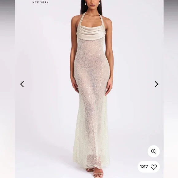 Zahya Lime Halter Backless Beaded Mesh Gown - Picture 1 of 7